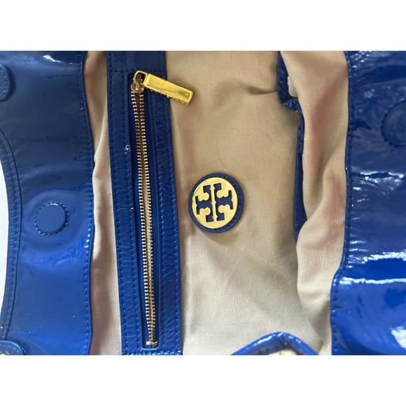 Tory Burch Canvas Tote Purse Bag Beach Beige Navy Blue w/ Gold Logo - Picture 9 of 11